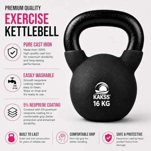 Image of KAKSS Half Coating Neoprene Kettlebell, 16kg Black Cast Iron Kettle Bell with Non-Slip Grip Handle for Strength Training, Home Gym Workout Equipment for Men & Women (Proudly Made in India)