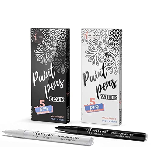 Artistro 5 White Acrylic Paint Pens Extra Fine Tip And 5 Black Acrylic Paint Markers Extra Fine Tip, Bundle For Rock Painting, Wood, Fabric, Card, Paper, Photo Album, Ceramic & Glass #TOP21