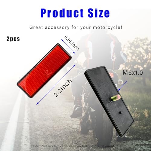 Image of Dickno 2 PCS M6 x 1.0 Motorcycle Reflectors, Plastic Screw Mount Reflective Warning Reflector, Universal Motorbike Rear Safety Reflectors for Motorcycle, Bicycle, Scooter (Rectangular Red 56x25mm)