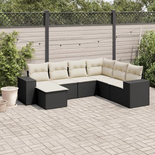 Homgoday Rattan Garden Furniture con Cojines Set de Comedor de jardín 7 pzas y Cojines ratán sintético Negro Conjunto terraza Exterior con Cojines con mesaNegro y Crema