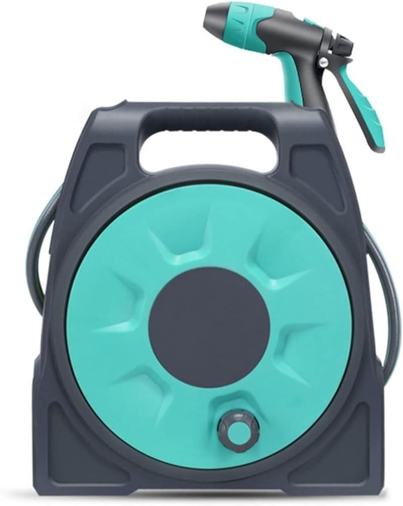 Práctico carrito para manguera de jardín integrado, soporte para almacenamiento de tuberías de agua para exteriores, retráctil, de PP, con herramientas de riego y carretes de manguera (color: azul,