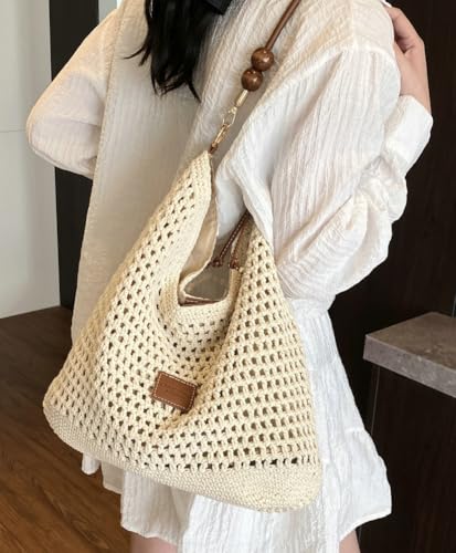 Straw Beach Bags for Women Crochet Tote Bag Slouchy Shoulder Purse with 2 Straps Soft Boho Woven Crossbody Bag Summer3