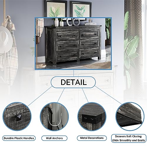Image of HUANLEGO Grey Dresser for Bedroom with 6 Drawers, Farmhouse Wood Dressers Bedroom Furniture 6 Chest of Drawers, Rustic Wide Storage Drawers Dressers Organizer for Closet, Living Room, Hallway