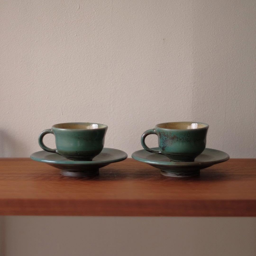 Amazon.co.jp: 小鹿田焼 坂本茂木 作 緑釉 珈琲茶碗 2客セット