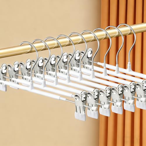 Trouser Hangers -Skirt Hangers with Adjustable Non Slip Clips Strong Chrome- Space Saving Pant Hangers Heavy Duty Metal Hangers for Shorts Jeans Trousers Clothes Hangers (White 8PCS)