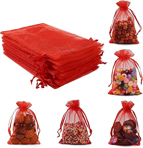 Image of ANZNKU 50PCS Premium Red Organza Bags 5x7 inches Mesh Bags Drawstring, Small Gift Bag for Birthday Party Wedding Favors, Sheer Mesh Pouches Drawstring for Easter Gifts
