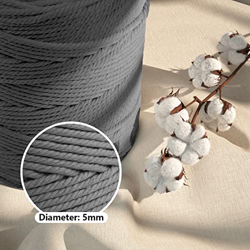 Image of ZUEXT Macrame Cord, Light Grey, 5mm x 328yds Cotton String Macrame Yarn