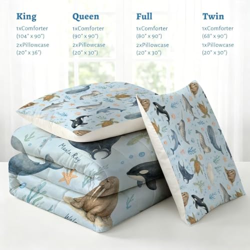 Image of Ocean Animal Comforter Set Queen Sea Creatures Bedding Set for Kids | Cute Watercolor Marine Animal Bedding Set for Boys Girls Teens, 3 Piece Kids Soft Comforter Set Bedroom Decor