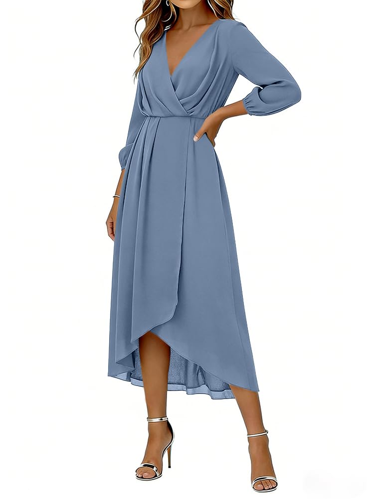 Minetom Abendkleider Damen Elegant Chiffon V-Ausschnitt 3/4 Ärmel Für Hochzeit A-Line Cocktailkleid High Low Festliche Midi Kleider Brautjungfernkleid