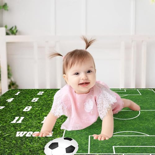 Image of Soccer Theme Baby Monthly Milestone Blanket Football Sports Nursery Decor Photography Background Newborn Growth Record Prop 60 inchx40 inch with Frames