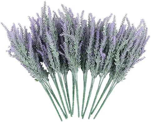 Wazhyoli 12 Bundles Fake Flowers Artificial Lavender Faux Plastic Purple Flowers for Home Wedding Kitchen Garden Patio Window Box Office Table Centerpieces Indoor (Gray Purple)