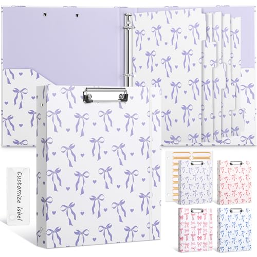 Colarr 3 Ring 1 Inch Purple Bow Binder with 2 Pockets Cute Bow Knot Clipboard Binder Organizer for Back to School 8.5 x 11 Letter Size 5 PVC Index Dividers with Tabs 18 Label Stickers Office Supplie