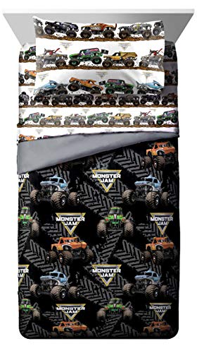 Image of Jay franco Monster Jam Tracks 4 Piece Twin Bed Set - Includes Comforter & Sheet Set - Bedding Features Grave Digger & Megalodon - Super Soft Fade Resistant Microfiber (Official Monster Jam Product) | Grave Digger Megalodon, Comforter Sheets Pillowcase, Official Product, Soft Microfiber, Machine Washable, Boys Gift