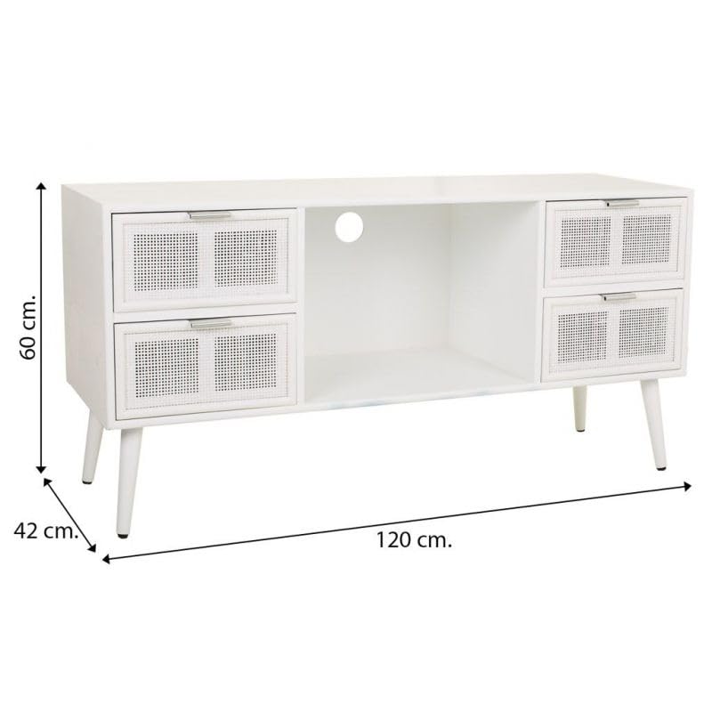 Mueble bajo de madera y rejilla blanco ideal para organizar el salón con estilo nórdico 3