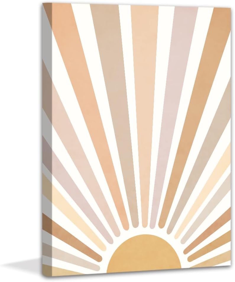 Boho Sun Wall Art Canvas Prints,Mid Century Framed Canvas of Sunrise,Nature Geometric Line Art Prints Posters Bathroom Bedroom Wall Decor Living Room Office Aesthetics Decorations (12"x16")