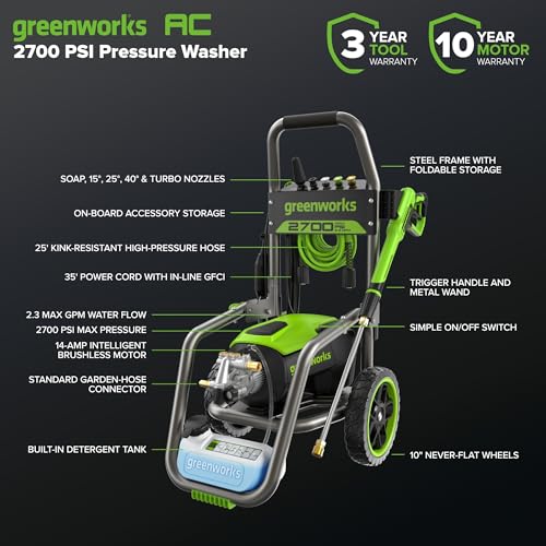 Greenworks 2700 PSI (2.3 GPM Max) Brushless Electric Pressure Washer (15°, 25°, 40°, Turbo and Soap Nozzle) for Use On Decks, Fences, Concrete Patios, Sidewalks & More. Medium-Duty - Image 4
