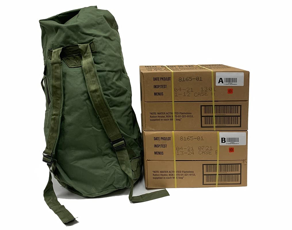 2018 Pack Date - 2021 Inspection - 24 Military MREs (A and B Case) w/Previously Issued (Used) USGI Duffel Bag