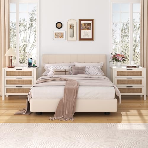HOMMPA Rattan Night Stand with Charger Station Set of 2, 26'' Wide Boho Nightstand with 3 Drawer, Modern Bedside Table with Plug, Bed Side End Table Dresser with Open Shelf for Bedroom, Beige - image 8
