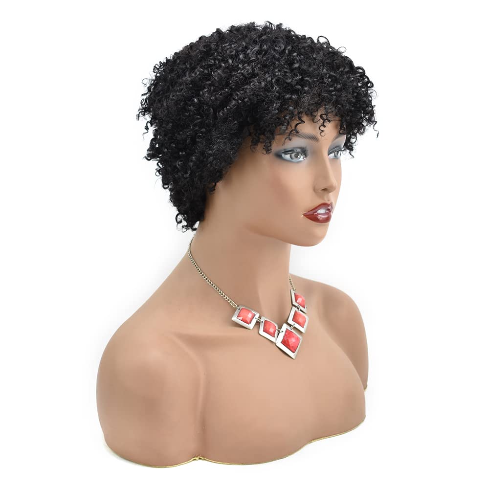 Afro Kinky Curly Wigs for Black Women Afro Wavy African American Women Full Hair Wig with Bangs Lightweight Soft Natural Looking Premium Brazilian Human Hair (8 Inch Hair Length-EMILY, 1B# Off Black-150% Heavy Density)