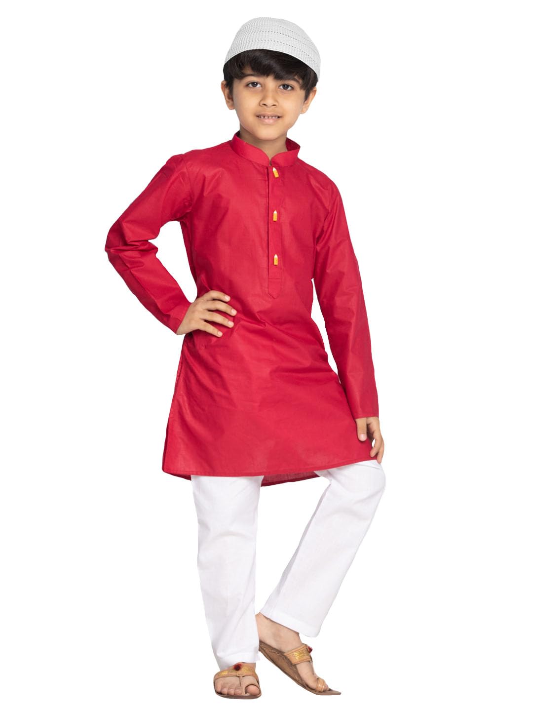 Jbn Creation Boys' Maroon Cotton Blend Kurta Pyjama And Cap Set