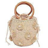 Pearl Flower Bucket Straw Handbag, Summer Beach Tote Bag with Drawstring, Diamond Woven Handbag Rattan Shoulder Crossbody Basket Purse for Women