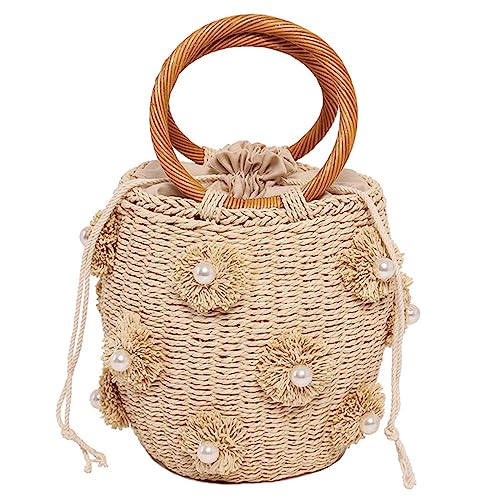Pearl Flower Bucket Straw Handbag, Summer Beach Tote Bag with Drawstring, Diamond Woven Handbag Rattan Shoulder Crossbody Basket Purse for Women
