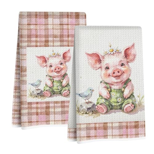 Jztco 2 Pcs Cute Pig Kitchen Towels, Plaid Pink Soft Absorbent Hand Towels