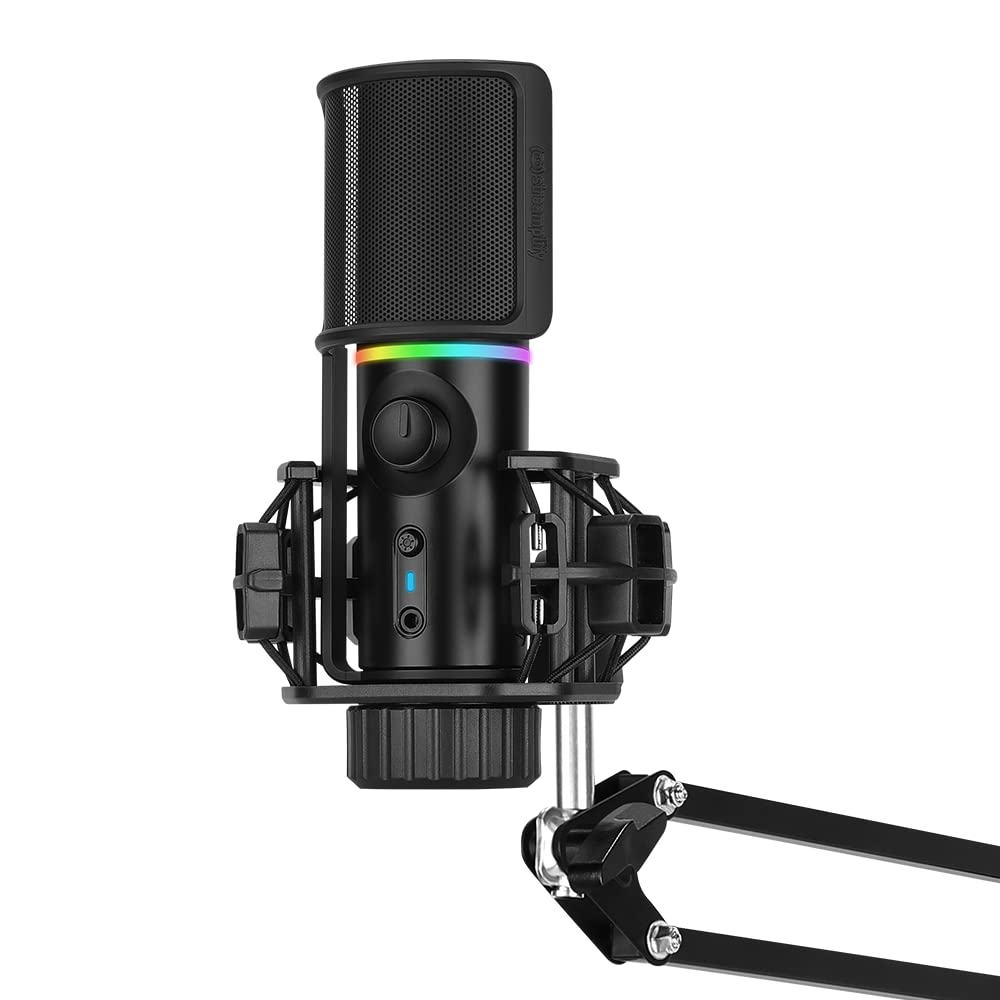 Streamplify MIC ARM Microphone with Cardioid Pickup Pattern, Pop Filter, Two Audio Modes, Adjustable Arm Mount, and RGB Lighting