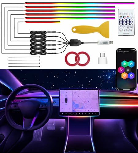 KENANEK 55.12Inch 6in1 Tesla Interior Lights 5V USB & Type-C Powered Acrylic Interior Car LED Strip Lights App Controlled Music Sync OEM-Style Ambient Lighting with Dreamcolor Effects