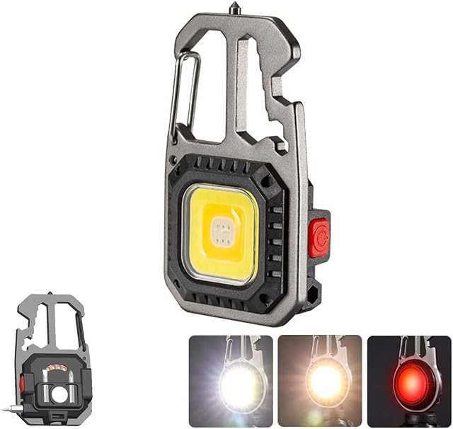 Swetup Small Portable Keyring Led Work Light, 500 Lumens COB Work Light, Mini Magnetic Inspection Light with Bottle Hook, 7 Light Modes, Rechargeable Led Flashlight for Camping Fishing Work Emergency