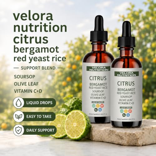 Image of velora Red Yeast Rice Drops with Citrus, Bergamot, Red Yeast Rice, Soursop, Olive Leaf, Vitamin C+D, Non-GMO, Vegan 2 fl oz