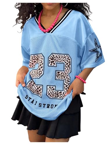 Image of BEAUDRM Girl's Jersey Shirts Leopard Number Print Jersey Shirt Cheetah V Neck Half Sleeve Oversized Tee Tops