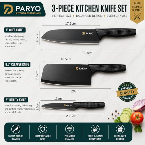 Image of PARYO 3 Pcs Kitchen Knife Set with Protective Covers, Stainless Steel Blades Non-Slip Handle, Multipurpose Vegetable, Fruit & Food Cutting Knives for Home Kitchen and Restaurant Use (ONLY Knife Set)