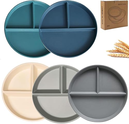 Juego de 5 platos de cena divididos irrompibles, platos de paja de trigo sin BPA de 9 pulgadas, placa de control de porciones, platos divididos para