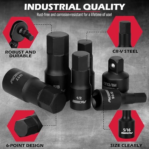 Image of Hex Bit Impact Socket Set: 36-Piece with 4 Adapters, 1 /4 inch 3 /8 inch 1 /2 inch Drive Master Allen Impact Socket Set, SAE and Metric, H5-H19 & 3 /4 inch-5 /64 inch, Heavy Duty Storage Case, Automotive Mechanic