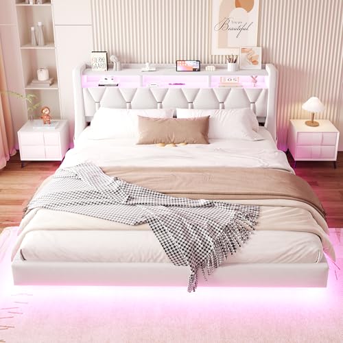 Idemon Cama tapizada de 180 x 200 cm, cabecero plegable con enchufe y compartimento de almacenamiento, iluminación, cabecero tapizado, patas de cama ensanchadas, diseño de cama flotante, tela
