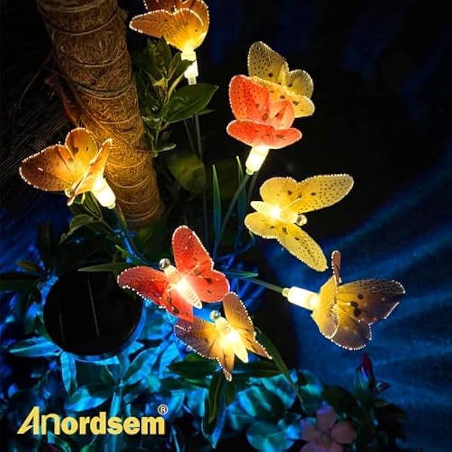 Anordsem Solar Garden Lights Outdoor: 8 Removable Fiber Optic Fabric Butterflies 2 Pack - Waterproof Fun Animal Decoration for Yard Patio - Gardening Gifts for Garden Lovers