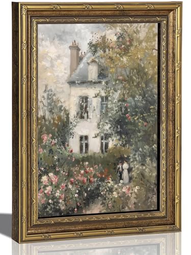 Gold Framed Vintage Floral Canvas Wall Art Rose Garden Painting Picture Wall Decor Neutral English Cottage Poster Print Artwork for Living Room Bedroom Country Home Decoration 9x11in