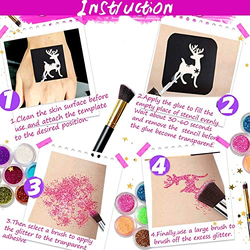 Glitter Tattoos Kit, Temporary Tattoo Set for Kids 30 Colors Body Glitter,120 Tattoo Stencil - Image 4