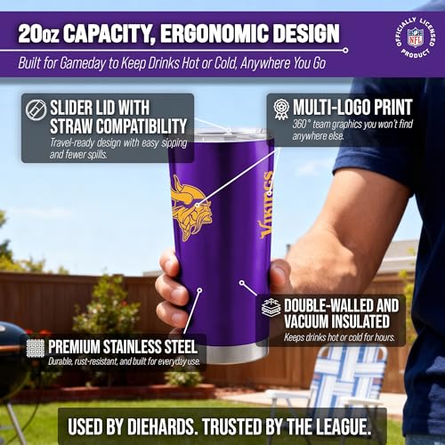 Image of Minnesota Vikings NFL 20oz Stainless Steel Insulated Tumbler, Slider Lid | Officially licensed Vikings drinkware; double-wall vacuum construction; cupholder compatible; BPA-free; hand wash only