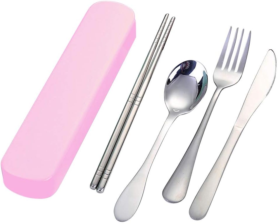 VNEIRW 4 Piece Camping Cutlery Set - Knife Fork Spoon Chopsticks Stainless Steel Set with Box Cutlery Bag Stainless Steel Utensils Cutlery Set Tableware for Outdoor and Travel (Pink)
