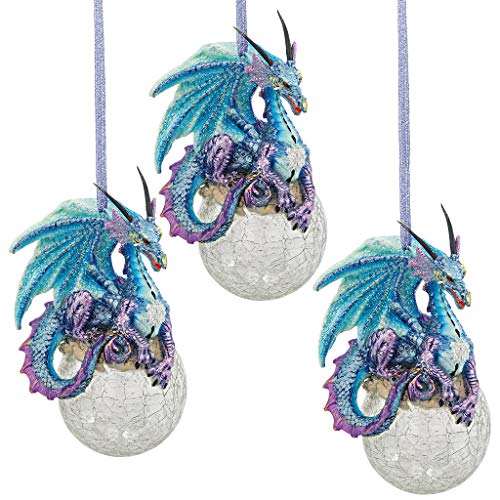 Design Toscano QS9292913 Christmas Tree Ornaments - Frost the Gothic Dragon Holiday Ornament: Set of Three - Snowflake Dragon Ball Ornament,Multicolored,Set of 3