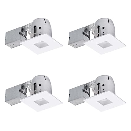 LED IC Rated Regressed Swivel Spotlight Recessed Lighting Kit Diecast Dimmable Downlight with 4X GU10 LED Bulbs Included, 4 White Square Trim, (4-Pack), Globe Electric 90949