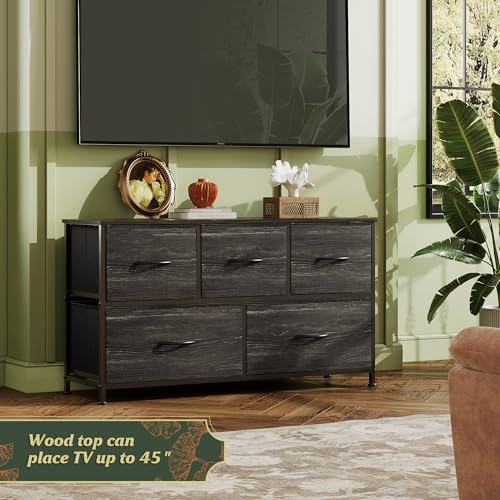 Image of WLIVE Dresser for Bedroom with 5 Drawers, Wide Chest of Drawers, Fabric Dresser, Storage Organizer Unit with Fabric Bins for Closet, Living Room, Hallway, Charcoal Black Wood Grain Print