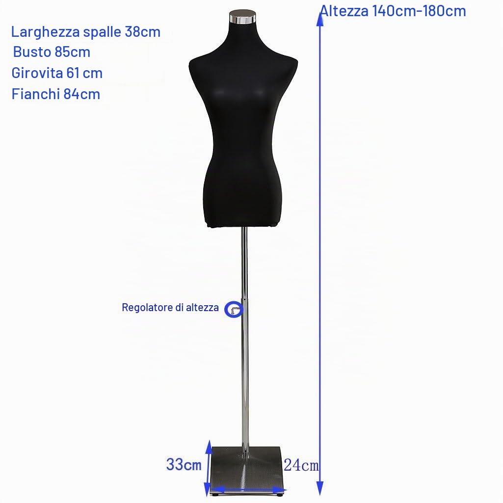 Loywe Manichino da sartoria, busto Torso da Donna per vetrine, con altezza regolabile Base quadrata in metallo Gr. 32-36 Nero LW6036S