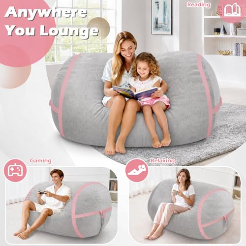 Image of 4FT Bean Bag Chair 4'Big Bean Bag Chairs with Adults, Large Beanbag Chair | Bean bag Lounger with Washable Cover Luxurious Velvet Fabric, Comfy Chairs for Living Room, Bedroom Dorm, Lightgrey with Pink