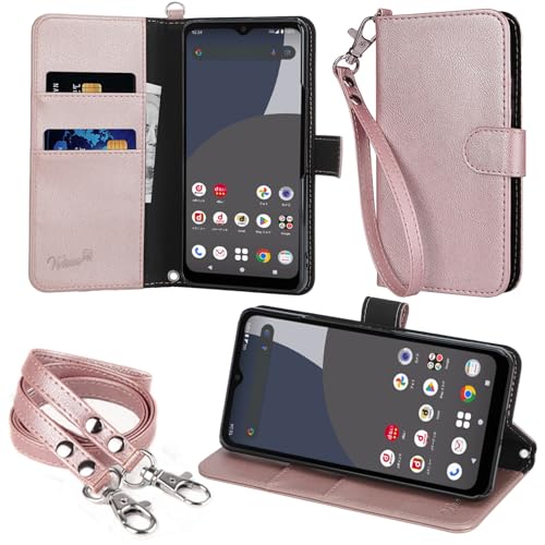 wisers AQUOS wish4 SH-52E / SH-M27 / A402SH ケース 手帳型 スマホケース 対応 (ローズゴールド) (カードホルダー/スタンド機能付き) ストラップ 2種付き (ハンドストラップ/ネックストラップ) 2024年