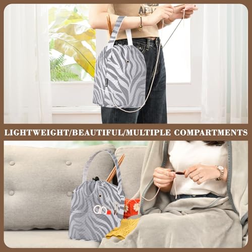 Image of ElliTarr Crochet Bag Yarn Bag with Handle Portable Knitting Project Bag Travel Yarn Storage Organizer Holder Case Light Silvery Zebra Print