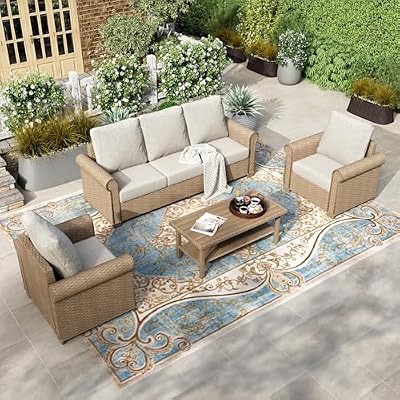 HERA'S HOUSE 4-Piece Patio Furniture Set, All Weather 5 Seats Outdoor Wicker Sofa with 44" Coffee Table, 5.5" Thick Cushion, Outdoor Conversation Set for Garden Deck Backyard, Beige