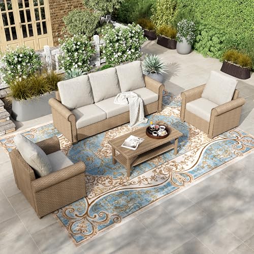 Image of HERA'S HOUSE Patio Furniture Set, 4 x Cushioned Chairs, 3-Seat Sofa with Wood Grain Coffee Table, 5 Seats Luxury Windsor Style All Weahter Outdoor Sofa Conversation Set for Deck Lawn Backyard